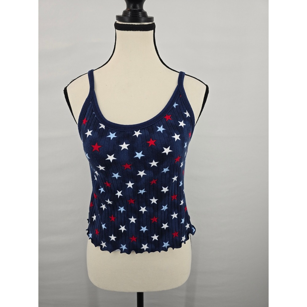 Old Navy Womens Blue‎ Star Print Ribbed Lettuce Edge Tank Top Medium Patriotic